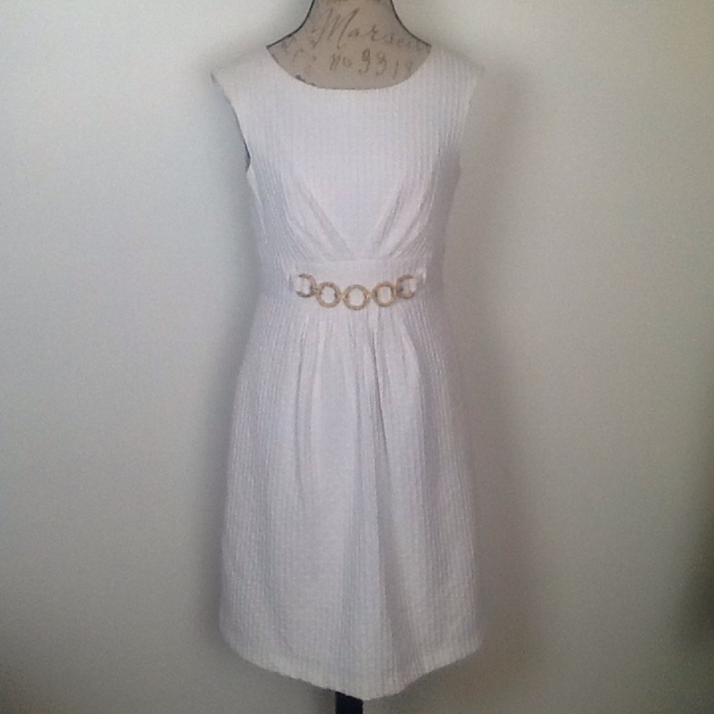 Sandra Darren White Sleeveless Midi Dress with Gold Belt Detail